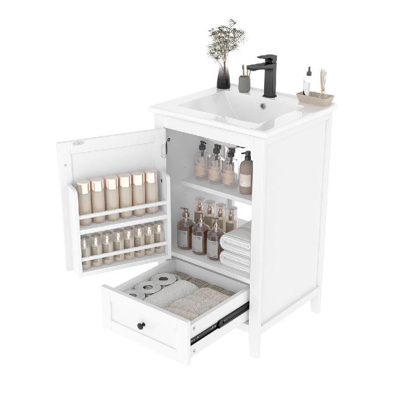 Merax lavabo 51×46×85cm, meuble de salle de bain sur pied avec vasque en céramique, tiroir, étagère réglable et étagère de porte, entièrement_0