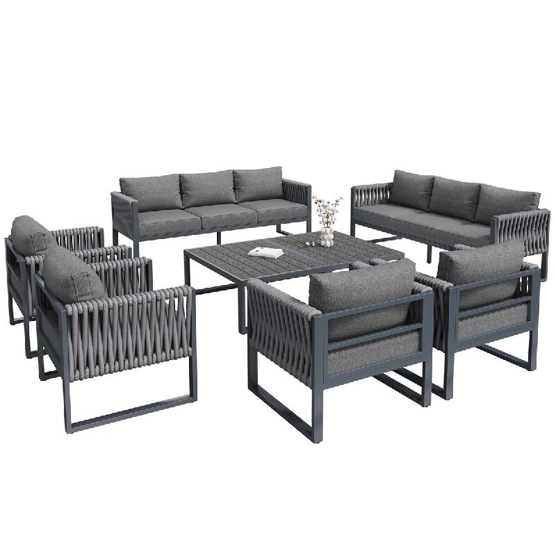 Merax salon de jardin Modulaire 10 Places, Ensemble de Chaises Longues avec 2x canapé trois places, 4x Fauteuil canapé, 2x Table, Cordes, Gris - gri_0