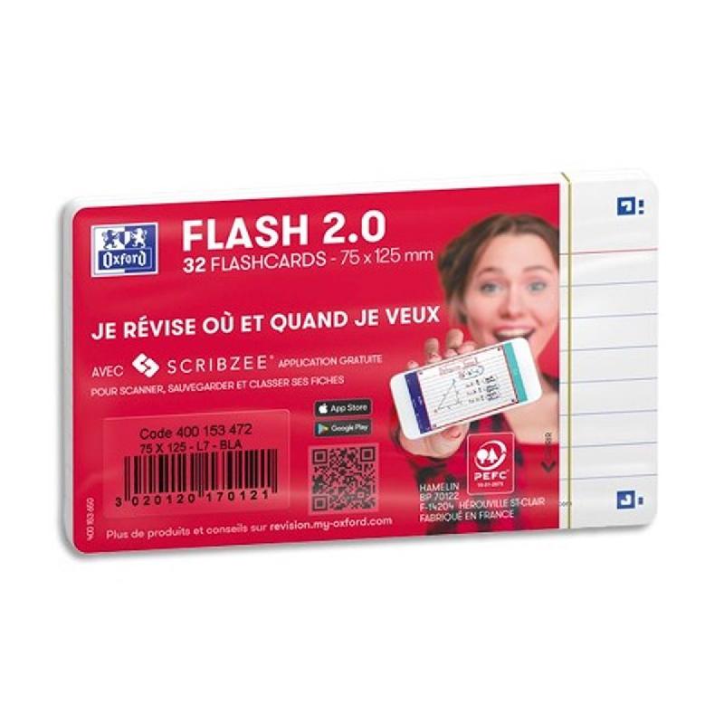 SACHET DE 32 FICHES BRISTOL FLASH OXFORD 2.0 NON PERFOREES 75X125MM 250G LIGNEES BLANC