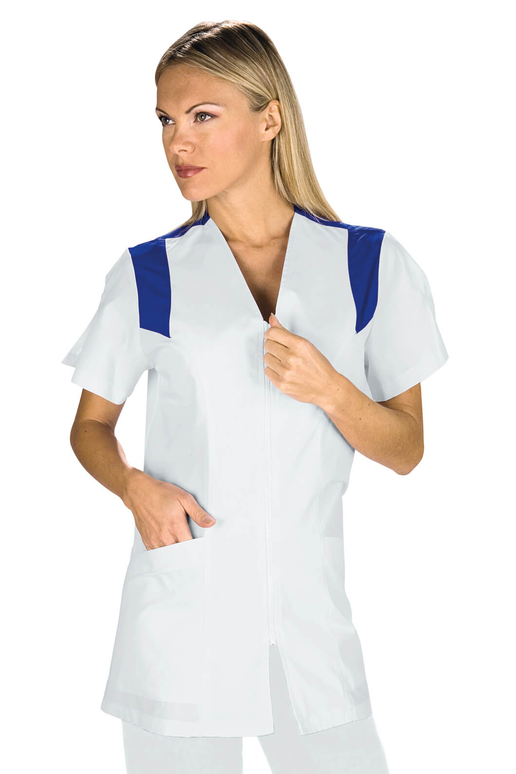 TUNIQUE MÉDICALE SANTORINI MANCHES COURTES BLANC BLEU CYAN