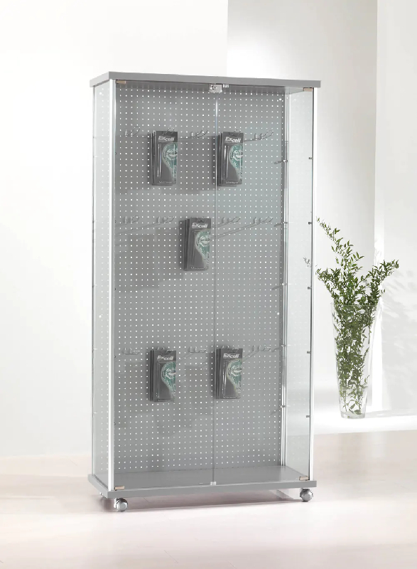 Vitrine fond perforé 93BLVA - gris clair - en verre avec serrure et roulettes_0