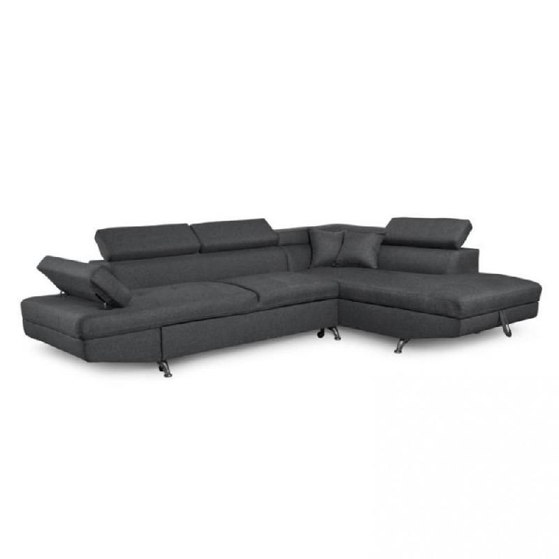 Canapé d'angle droit convertible RINO gris foncé - avec coffre de rangement, accoudoir relevable et têtières réglables_0