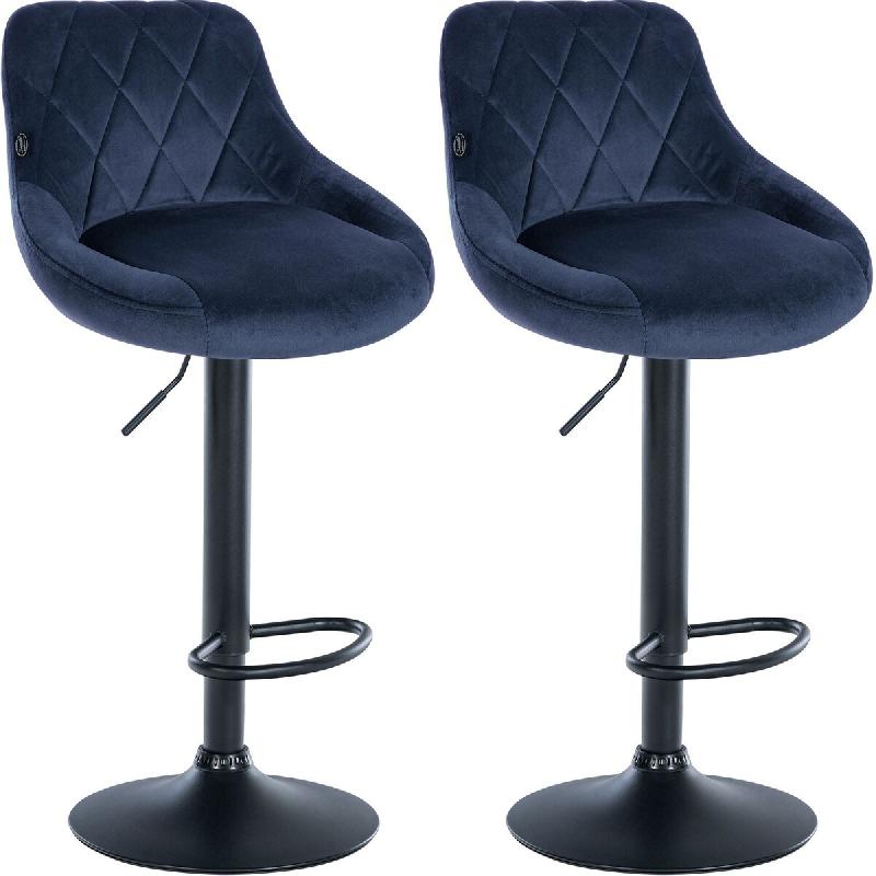 Décoshop26 - Set de 2 tabourets de bar coutures décoratives losanges assise en velours bleu et cadre en métal noir TDB10774 - bleu 3000250471534_0