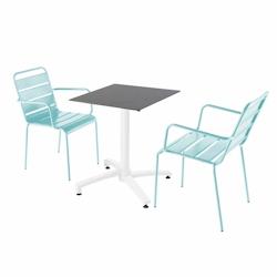 Oviala Business Ensemble table de terrasse stratifié ardoise et 2 fauteuils turquoise - Oviala - bleu métal 110756_0