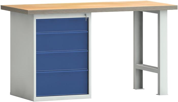 Établi PW 700 l.1500xP700xH840 mm hêtre Multiplex gris clair, RAL 7035 bleu gentiane, RAL 5010 4 tiroirs KLW-LUTZ BETRIEBSEINRICHTUNGEN_0