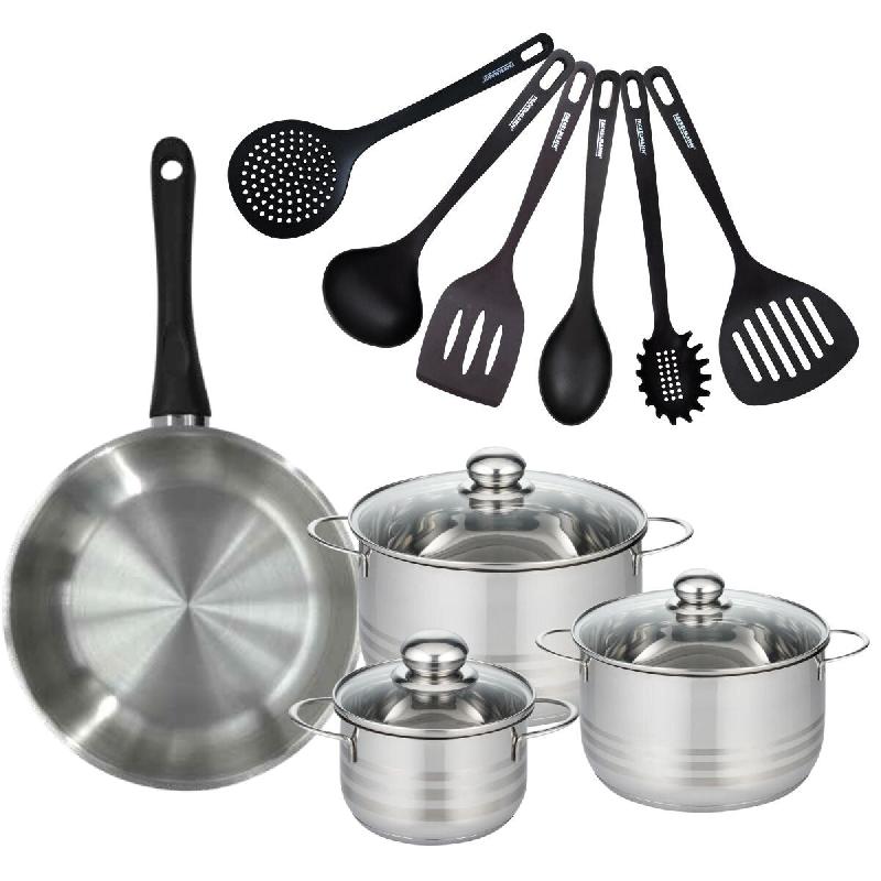 Batterie de cuisine avec 1 poêle 28 cm et 3 faitouts 16/20/24 cm avec 6 ustensiles de cuisine Fackelmann Généva Brillant Fénix - gris inox 3176239_0