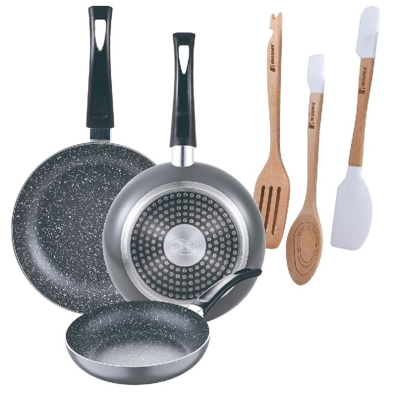 BERGNER - Jeu de 3 Poêles Ø16/Ø20/Ø24 cm en Aluminium Embouti Compatibles Induction Black Soul Marble avec Set de 3 Ustensiles en Silicone et Bois_0