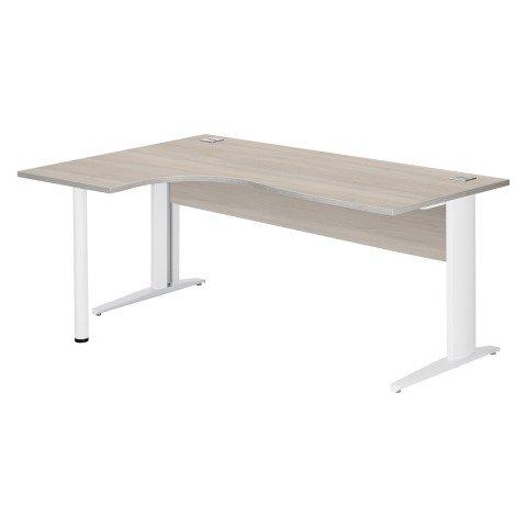 BUREAU COMPACT EXCELLENS L 180 CM CHÊNE GRIS RETOUR À GAUCHE PIÈTEMENT MÉTAL BLANC AVEC VOILE DE FOND