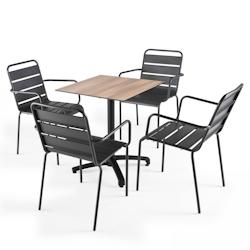 Oviala Business Ensemble table de jardin stratifié chene foncé avec 4 fauteuils gris - Oviala - gris métal 108129_0