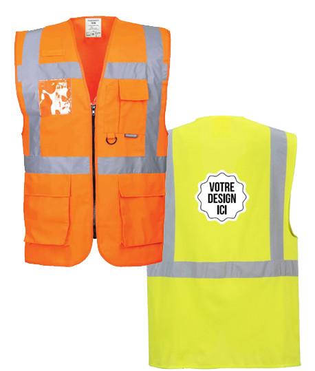 Gilet haute visibilité multi-poches personnalisable, Coloris et Taille : Orange Fluo M, Sérigraphie : Dos_0