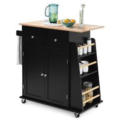 HELLOSHOP26 - Desserte de cuisine sur roulettes avec plateau en bois d'hévéa îlot chariot de service avec porte-épices et tiroirs noir 20_0005446_0