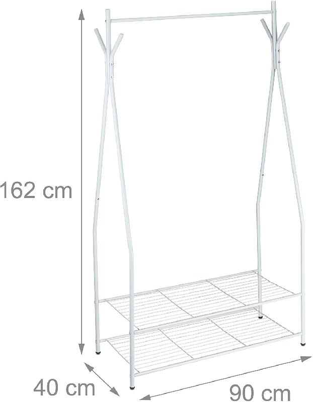 Portant à vêtements en métal blanc - Tringle cintres - 2 compartiments de rangement chaussures et bottes - H162 cm - Réf : 13_0002133_2_0