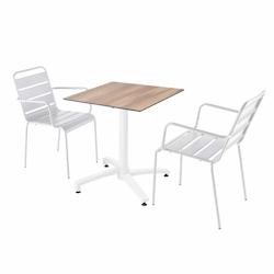 Oviala Business Ensemble table terrasse stratifié chêne foncé et 2 fauteuils blanc - blanc métal 110840_0