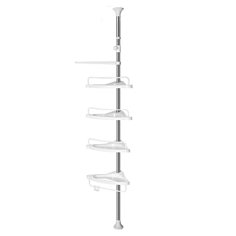 ÉTAGÈRE DE DOUCHE TÉLESCOPIQUE ÉTAGÈRE D’ANGLE DE SALLE DE BAIN HAUTEUR 95-300 CM DU SOL AU PLAFOND POTEAU EN INOX 4 PLATEAUX 3 CROCHETS 1 PORTE-SERVIETTES BLANC ET ARGENT 12_0002733_0