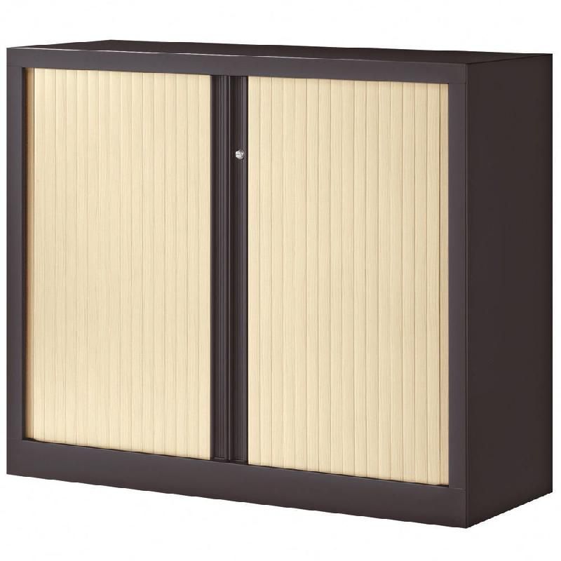 JPG ARMOIRE MÉTAL MONOBLOC NF ENVIRONNEMENT - A RIDEAUX - H. 100 X L. 120 CM - CORPS ANTHRACITE  - RIDEAUX ERABLE