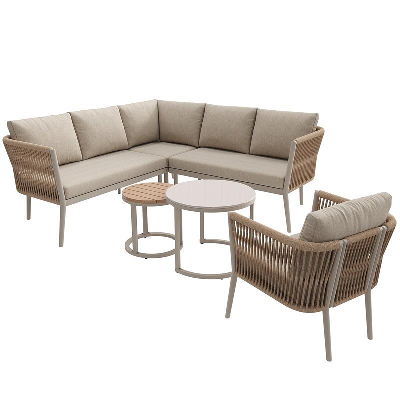 Merax salon de jardin modulable pour 5-6 personnes, ensemble de canapé d'angle avec canapé simple et 2x table, coussins, rotin PE, beige - beige mé_0
