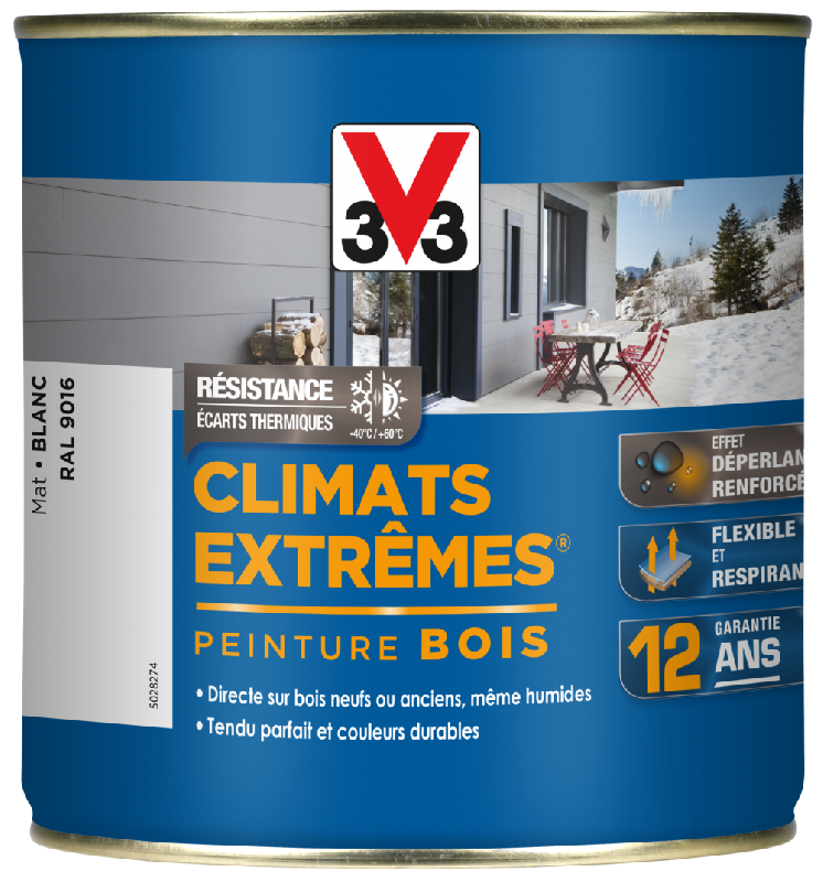 Peinture bois extérieur Climats Extrêmes® V33 - blanc mat - 0.5 L - adaptée aux conditions climatiques rudes_0