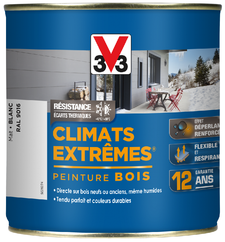 Peinture bois extérieur climats extrêmes® V33, blanc mat 0.5 l_0