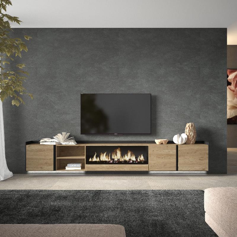 SKRAUT HOME - MEUBLE TV EFFET BOIS DE CHÊNE ET NOIR 315X35X50CM CHEMINÉE EFFET FEU