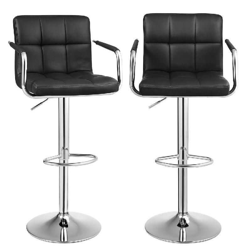 LOT DE 2 TABOURETS DE BAR HAUT CHAISE DE BAR PU CHROME HAUTEUR RÉGLABLE GRANDE BASE DIAMÈTRE 41 CM 12_0002549_0