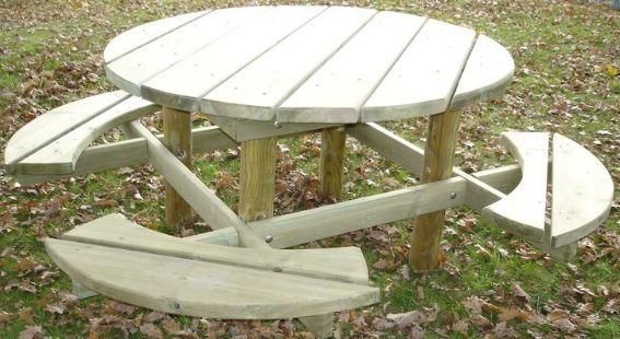 Table pique-nique ronde et demi-lune modèle Bosquet en pin du Nord rouge - Traitement autoclave classe IV_0