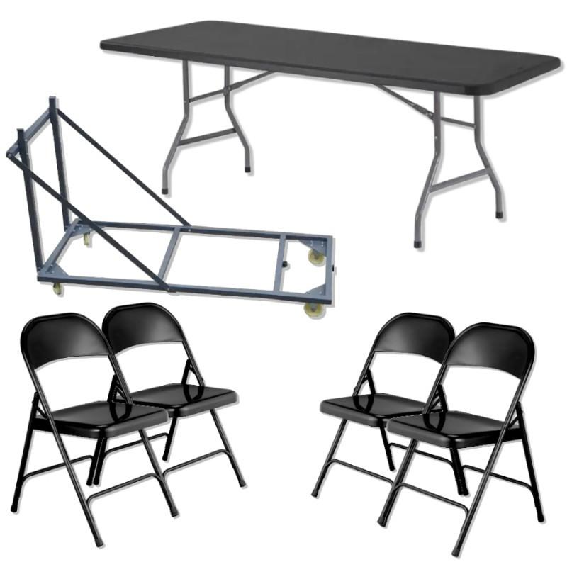 20 tables pliantes en polypro grises - 120 chaises pliantes métal noir - 1 chariot de transport_0