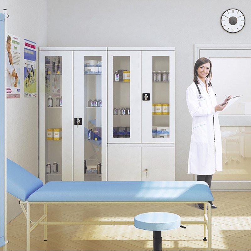 Armoire infirmerie en acier - Serrure 2 points, vitrages en verre trempé, étagères réglables - Pour entreprises, cabinets médicaux, hôpitaux, laboratoires, dentistes_0