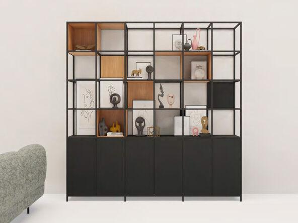 Bibiliothèque en bois mélaminé avec portes battantes et étagères_0