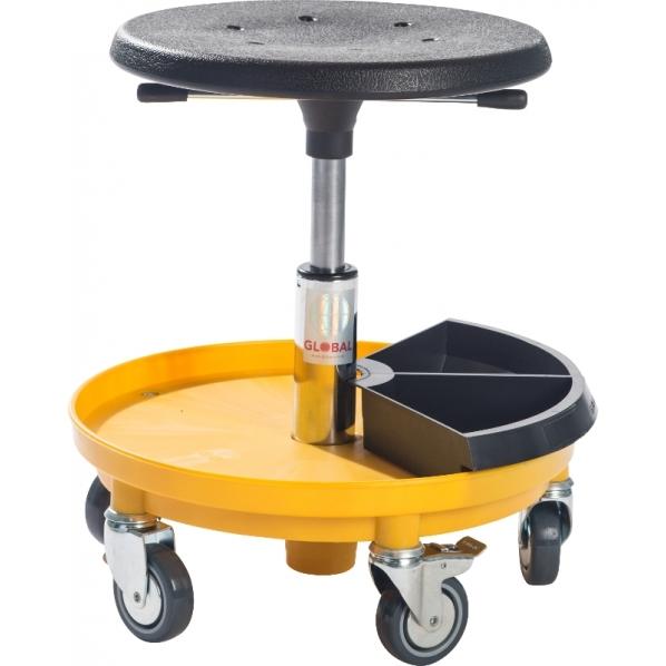 Tabouret technique sur roulettes - rangement intégré - base jaune - 2 compartiments à outils - Rolléco_0
