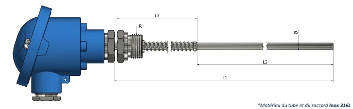 Thermocouple avec tête de raccordement à ressort - Types K, N, J, T, E, R, S, B - Classe 1 et 2 - Assemblage par fils, bornier ou transmetteur_0