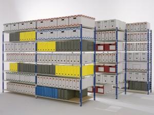 Rayonnage archive - Bureau, archives - Poteaux Bleu RAL 5015 et tablettes Gris perle RAL 7035 - Double face, profondeur 700 mm_0