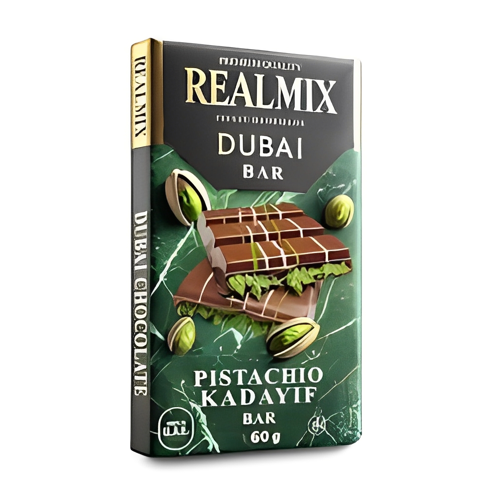 Carton de 12 tablettes | REALMIX Chocolat au Lait Dubaï avec pistaches et remplissage Kunafa | Fabriqué à Dubaï U.A.E. | 60 g - 9120060950808_0