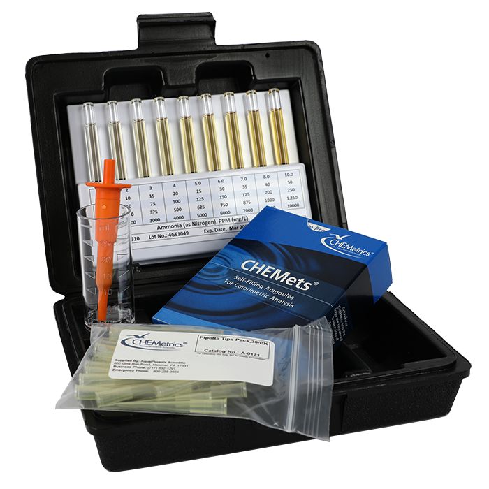 Kit d’analyse visuelle de l’ammoniac, 1000-10 000 ppm Type : HR CHEMets® Kit. 30 unités, marque Chemetrics - Ref.: NBC041_0