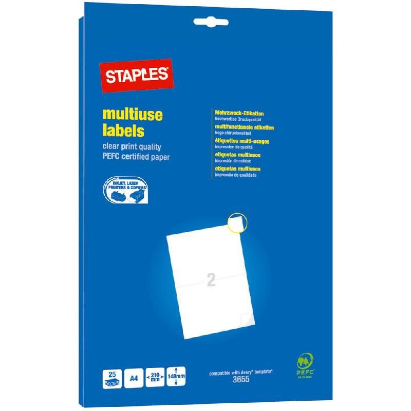 STAPLES ETIQUETTE MULTI-USAGES BLANCHE - STAPLES - 210 X 148 MM - BOÎTE DE 50 ÉTIQUETTES