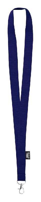 Tour de cou publicitaire en polyester RPET - bleu foncé avec mousqueton métal_0