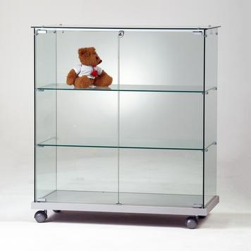 Vitrine-comptoir ECO - verre ESG 5/6 mm - 2 tablettes - 2 portes tournantes à clé - socle bois gris clair_0