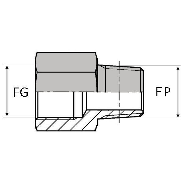 Adaptateur droit femelle gaz cylindrique x mâle NPT - DESIGNATION : FG1/8 / MNPT1/8 - Ø FG (inch) : 1/8' - Ø FG (mm) : 8.56 - Ø MP (inch) : 1/8' - Ø MP (mm) : 10.24_0