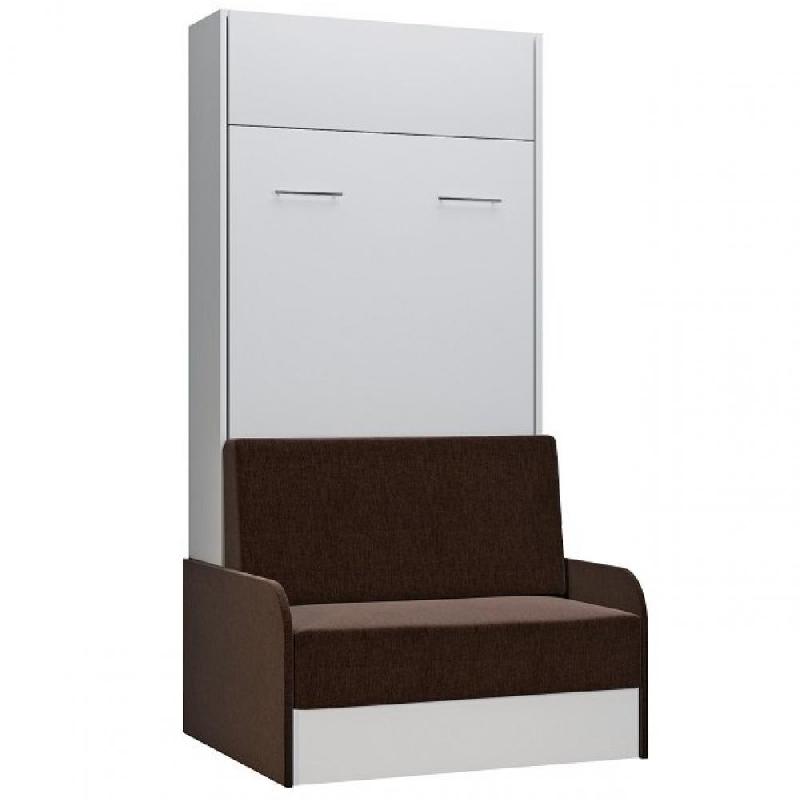 Armoire lit escamotable Dynamo Sofa blanc avec canapé tissu marron et accoudoirs - Couchage 90x200 cm_0