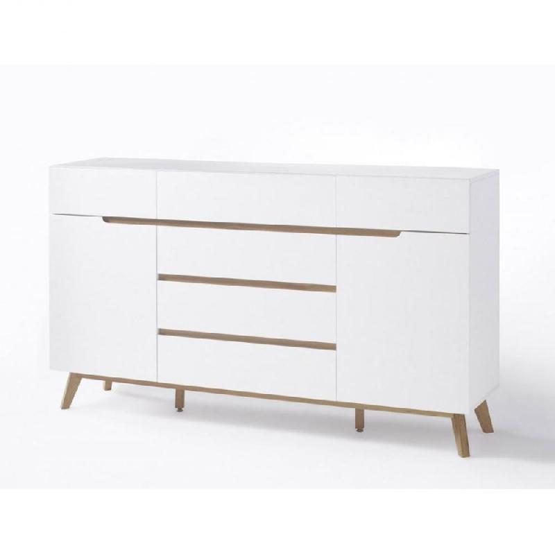 Buffet Cachan blanc laqué mat - 6 tiroirs, 2 portes, piétement en chêne massif_0
