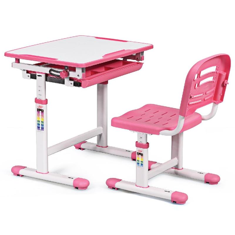 Bureau enfant ergonomique - hauteurs et angle réglables 0-40° - ensemble table avec chaise, table à dessin avec 1 tiroir - rose - 20_0000333_0