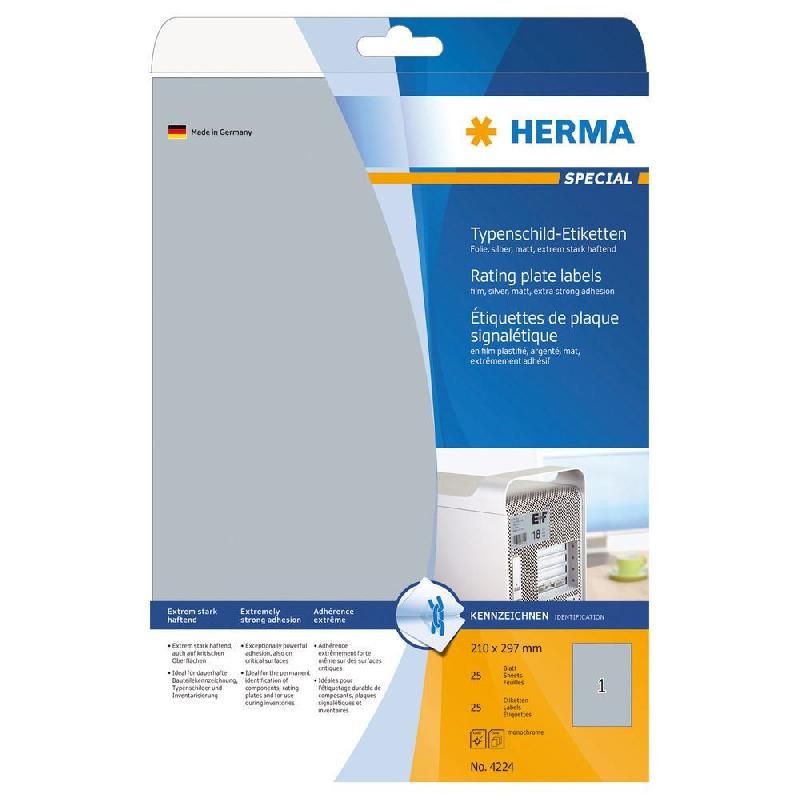 HERMA ETIQUETTES ULTRA-RÉSISTANTES HERMA - 210 X 297 MM - ARGENTÉ MAT - BOÎTE DE 25 ÉTIQUETTES