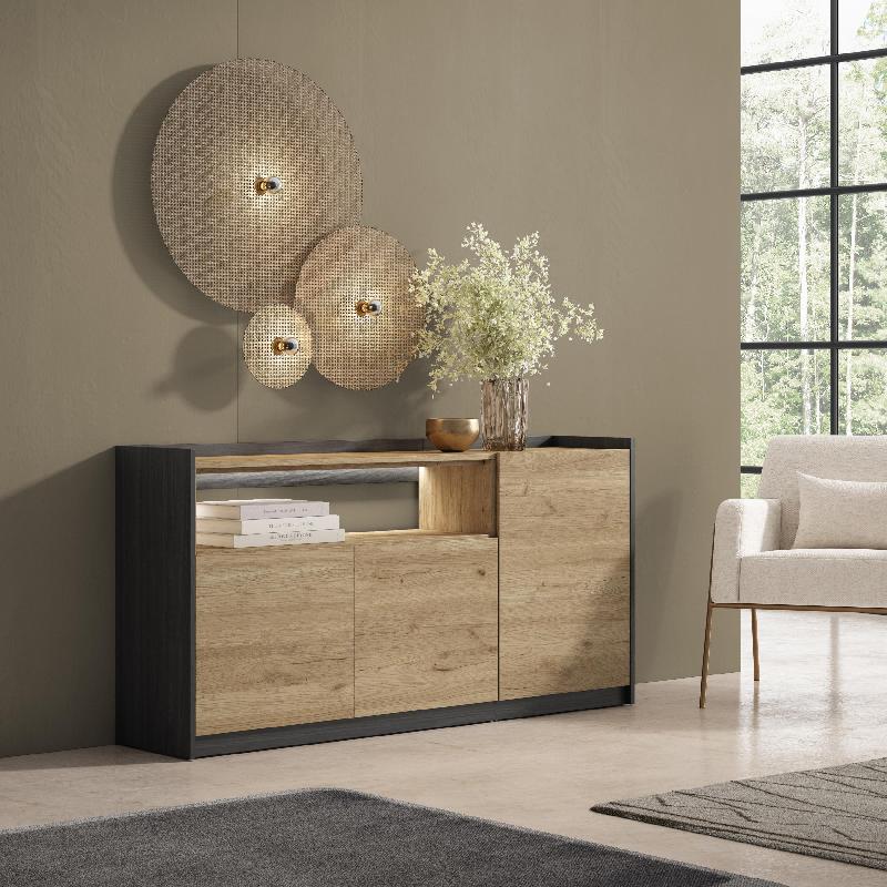SKRAUT HOME - BUFFET EFFET BOIS DE CHÊNE ET NOIR 156X37X80CM AVEC LED