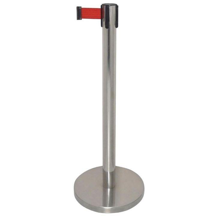 Barrière inox rétractable (H)965 mm, base lestée 8 Kg, avec sangle rouge 3 mètres_0