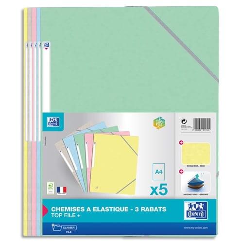 Oxford Lot de 10 Lot de 5 chemises 3 rabats à élastique Top File+ A4, en carte coloris pastel assortis (5) - 3045050411724_0