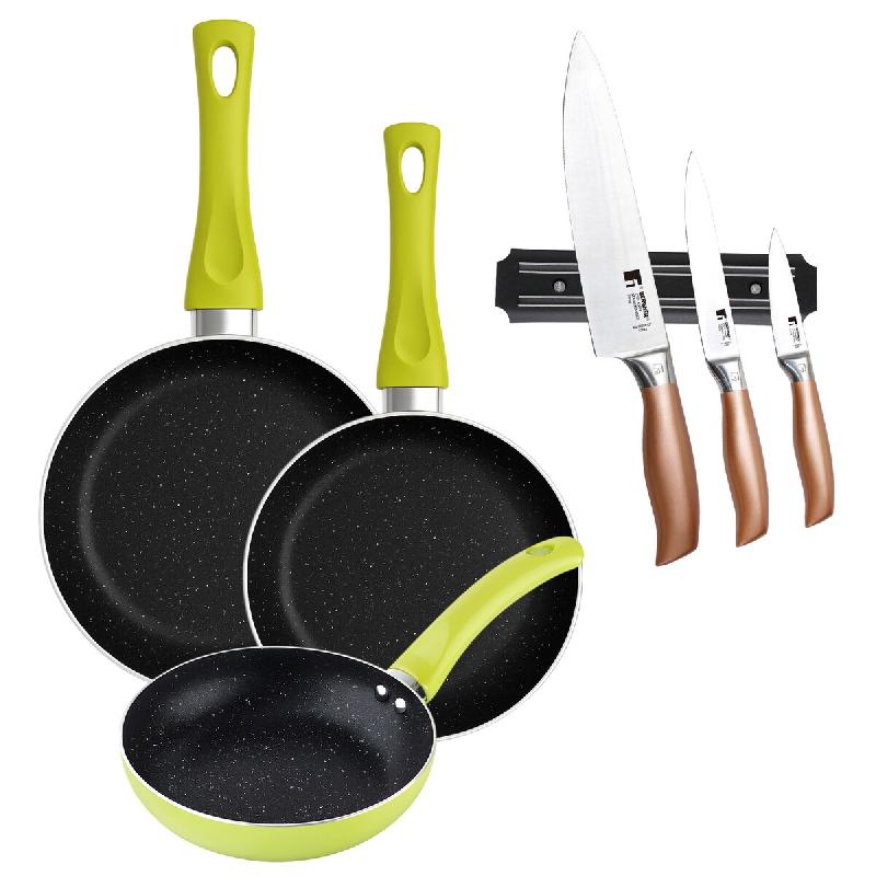 BERGNER - Ensemble de 3 Poêles Ø20/24/28 cm aluminium Pressé Molen Vert avec Ensemble de 3 Couteaux en acier inoxydable avec Support magnétique mu_0