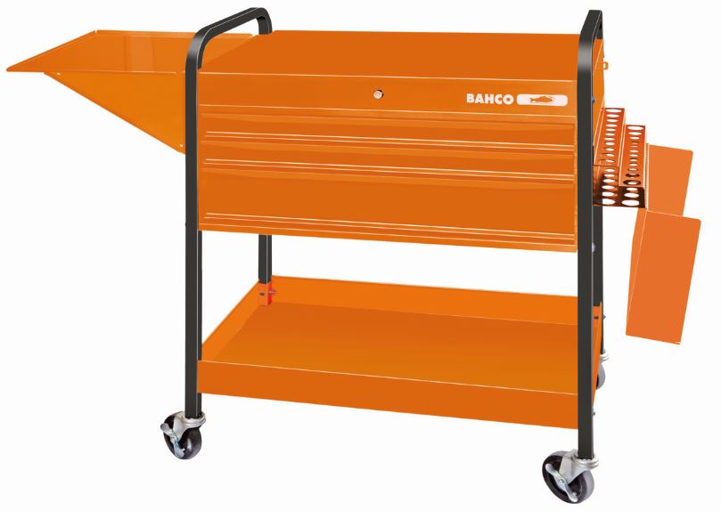 Chariot multifonction en aluminium - 2 plateaux orange - Grand plateau pliable et 3 tiroirs - 1315/880 mm x 440 mm x 1025 mm - 1470KC5_0