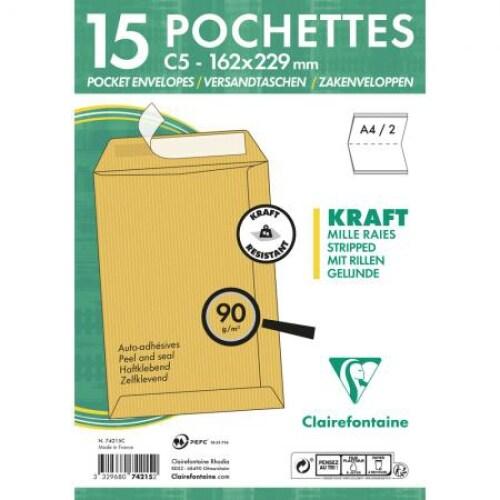 Clairefontaine Lot de 30 Paquet filmé de 15 pochettes kraft Mille Raies 162x229/C5, 90 g/m², adhésive avec bande - 3329680742152_0