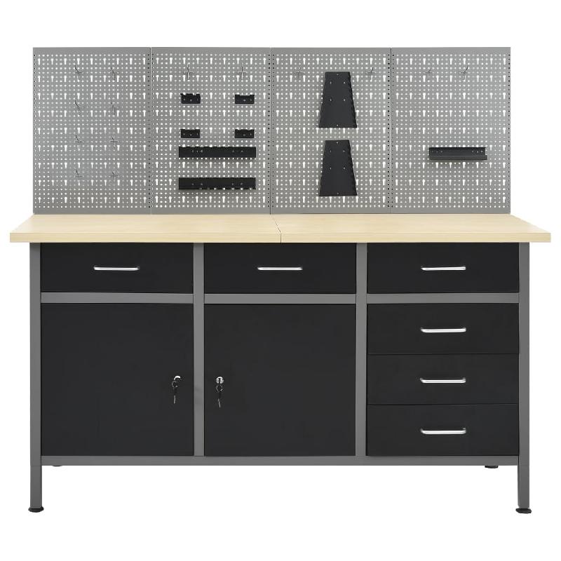 Établi avec 4 panneaux muraux - Table de travail 160 cm - Poste de travail avec rangement d'outils pour garage et atelier - Pieds réglables en hauteur - 02_0003666_0