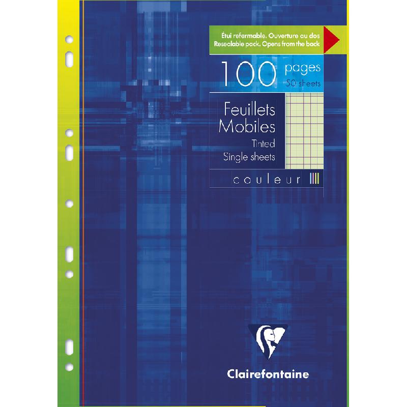 FEUILLETS MOBILES DE COULEUR SOUS ÉTUI A4 100 PAGES PERFORÉS PETITS CARREAUX PAPIER JAUNE - VERT - LOT DE 10