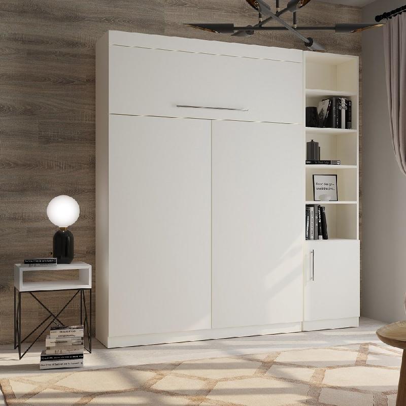 Lit escamotable Lutecia - Blanc mat - Couchage 140 x 190 cm - Colonne bibliothèque intégrée_0